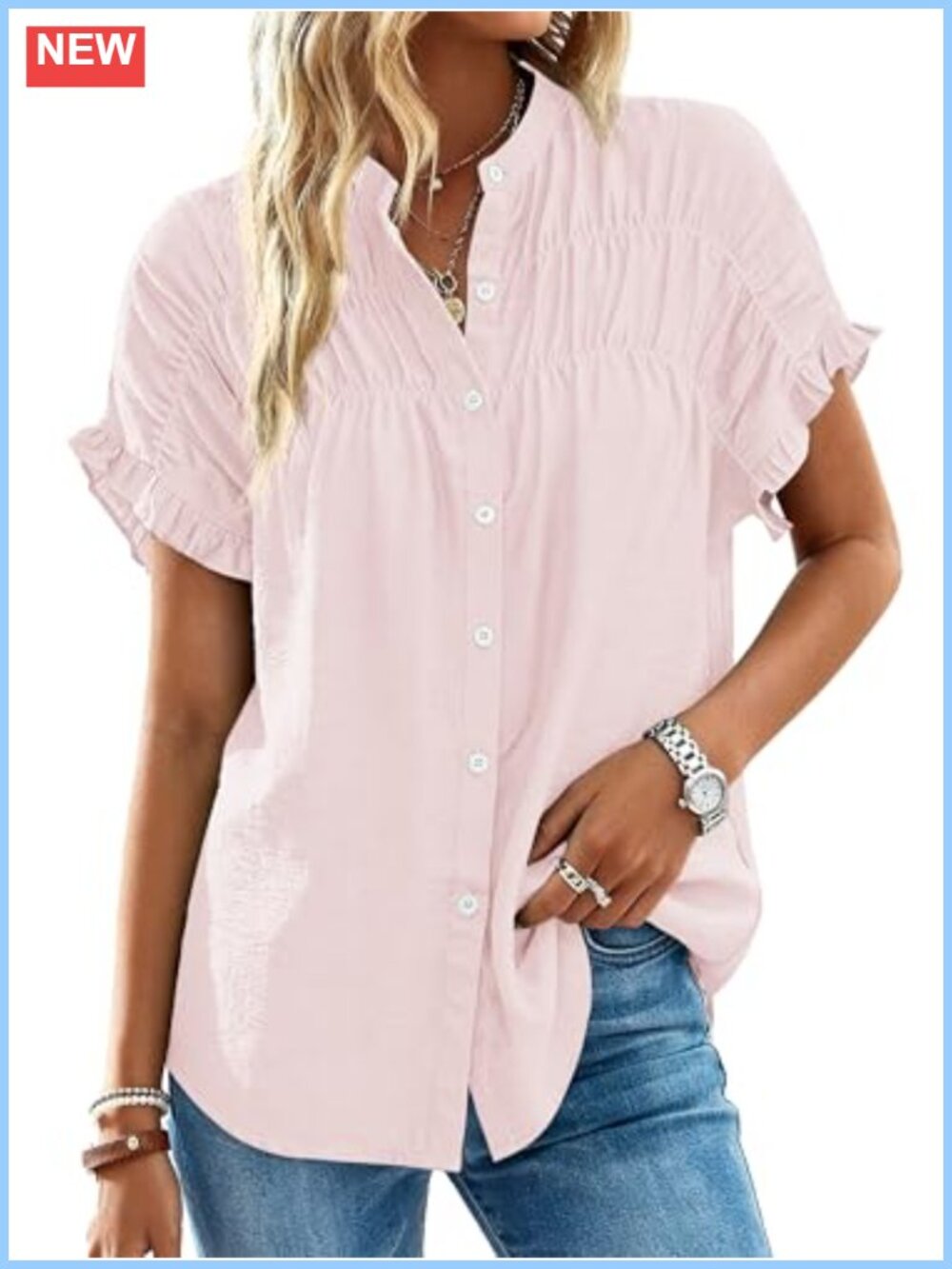 Women's Ruffle Sleeve Button Down Shirt Lightweight Blouse Casual